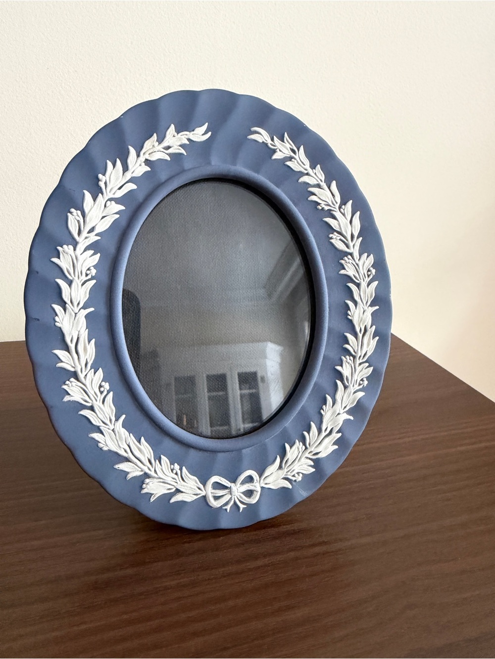 Wedgwood Blue Oval Frame with White Laurel Relief and Bow RARE